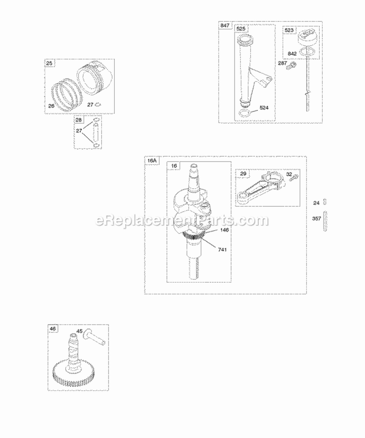 Camshaft Crankshaft Lubrication Piston Rings Connecting Rod Diagram and Parts List for 406577-0105-E1  Briggs and Stratton Engine